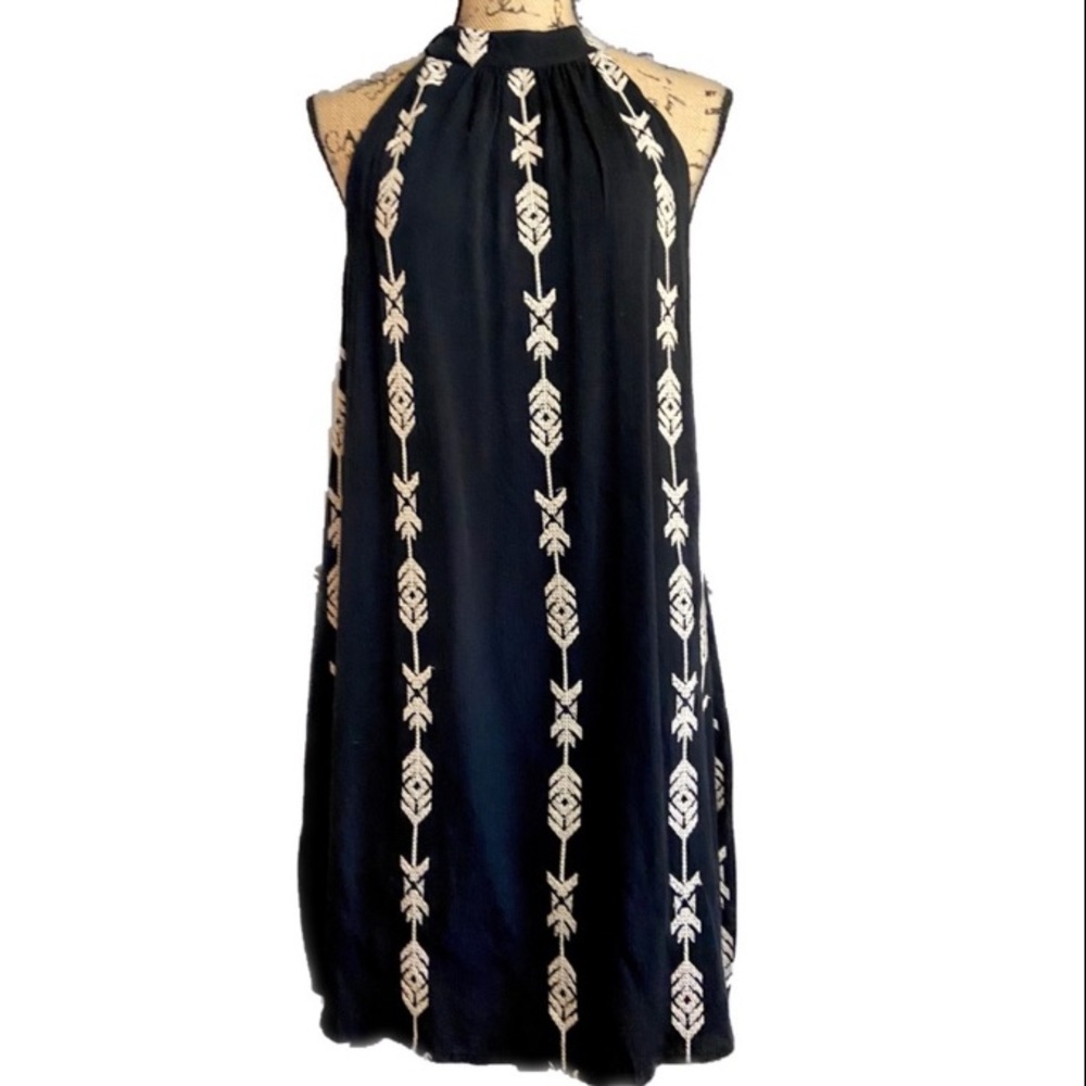 Embroidered Black & Taupe Boho Chic Halter / Backless Dress
